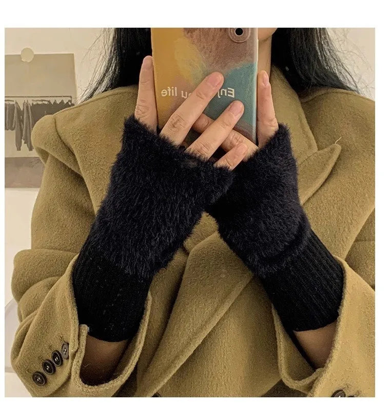 Women's Warm Plush Half-Finger Gloves for Autumn Winter Multi-Functional Cute Office Wear Cold-Resistant Fingerless Mittens
