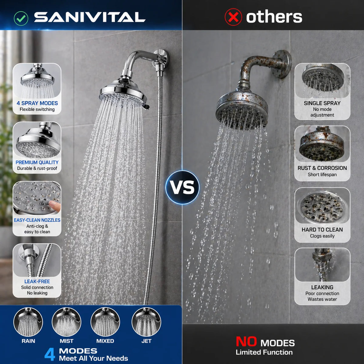 SANIVITAL Chrome ABS Fixed Rain Shower Head High Pressure Anti-Clog Nozzles Bathroom Replacement