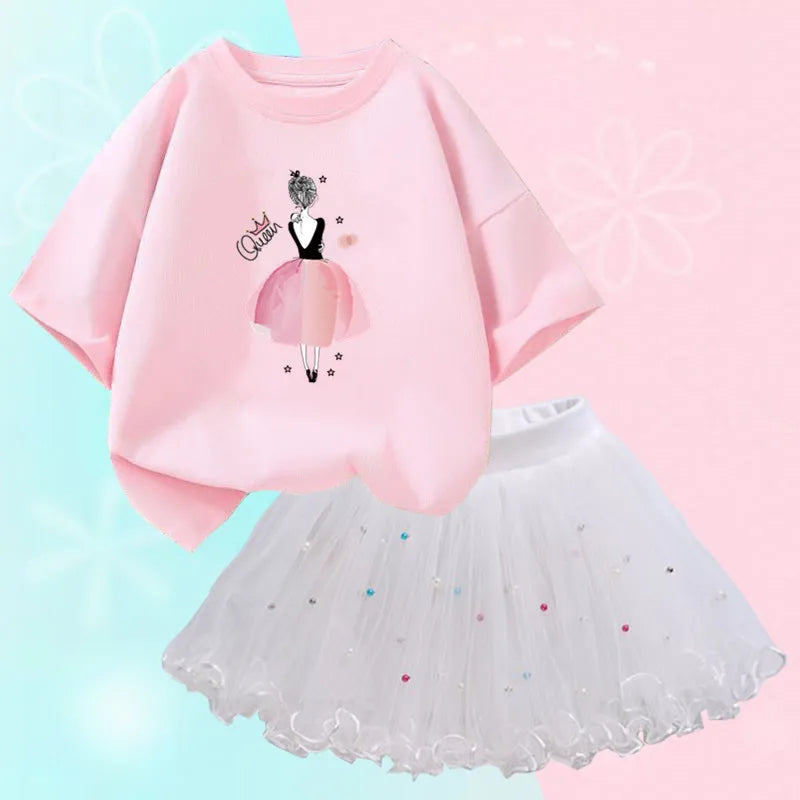 Fashion Summer Girls Outfits Pretty Ballet Dance Girl T-shirt and Tutu Skirt Set for Princess Clothes Suit Children Clothing
