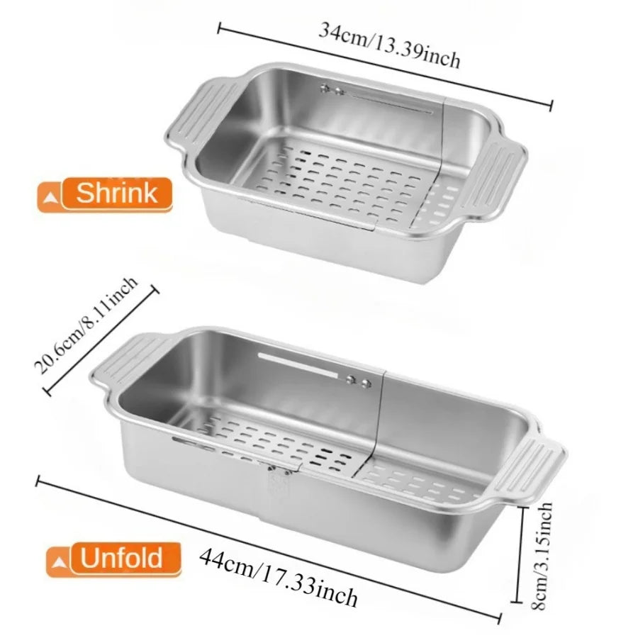 Stainless Steel Telescopic Sink Filter Basket, Adjustable Length, Used for Cleaning Fruits, Draining Spaghetti and Dishes