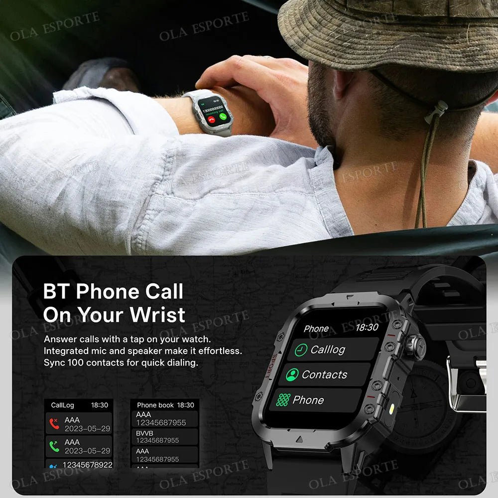 2025 New Military Smart Watch Men IP67 3ATM Waterproof Outdoor Sports Fitness Tracker Health Monitor 1.44Inch BT Call Smartwatch