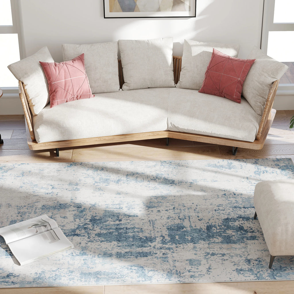 Area Rug 5x7, Machine Washable Rug, Non-Slip Modern Abstract Floor Cover Foldable Carpet, Blue
