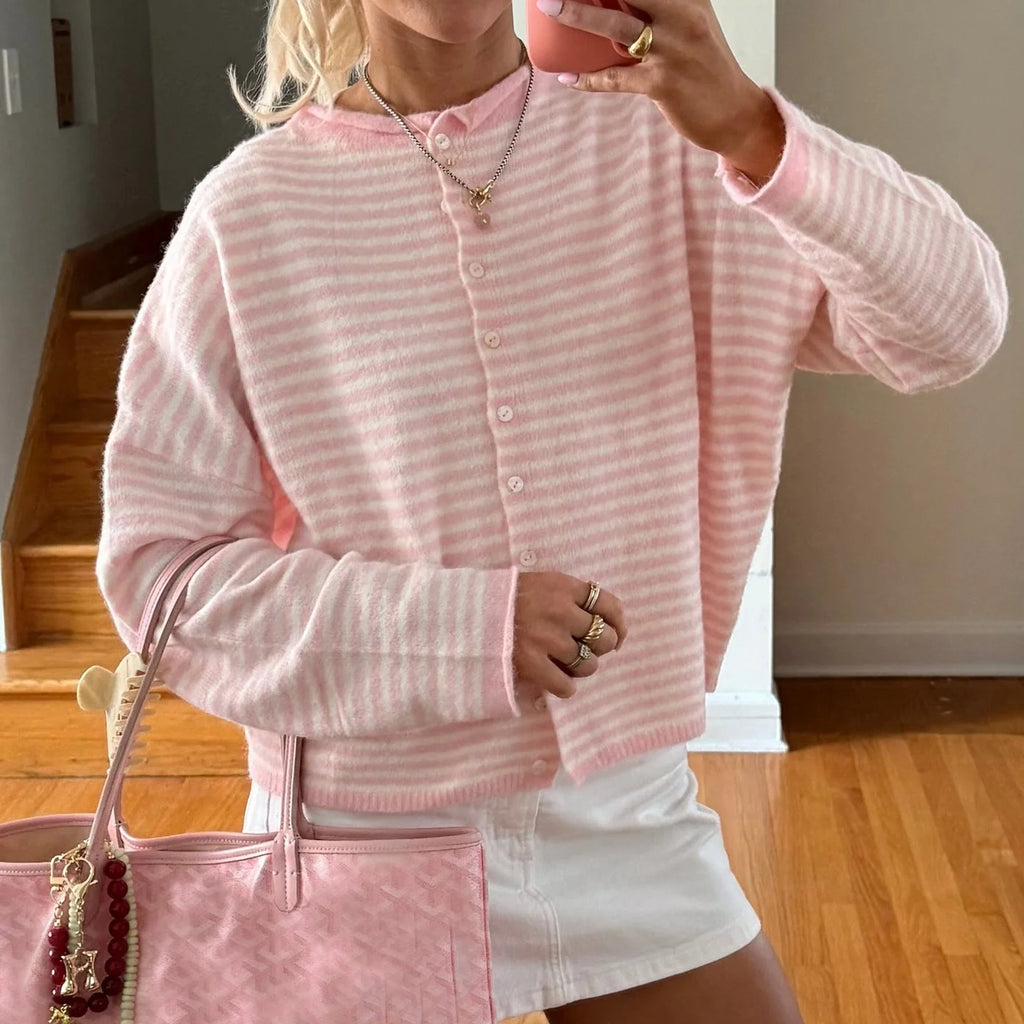 Women's Sweater Striped Button Down Cardigan Knit Tops Outerwear Casual Loose Long Sleeve Fall Tops Knitwear