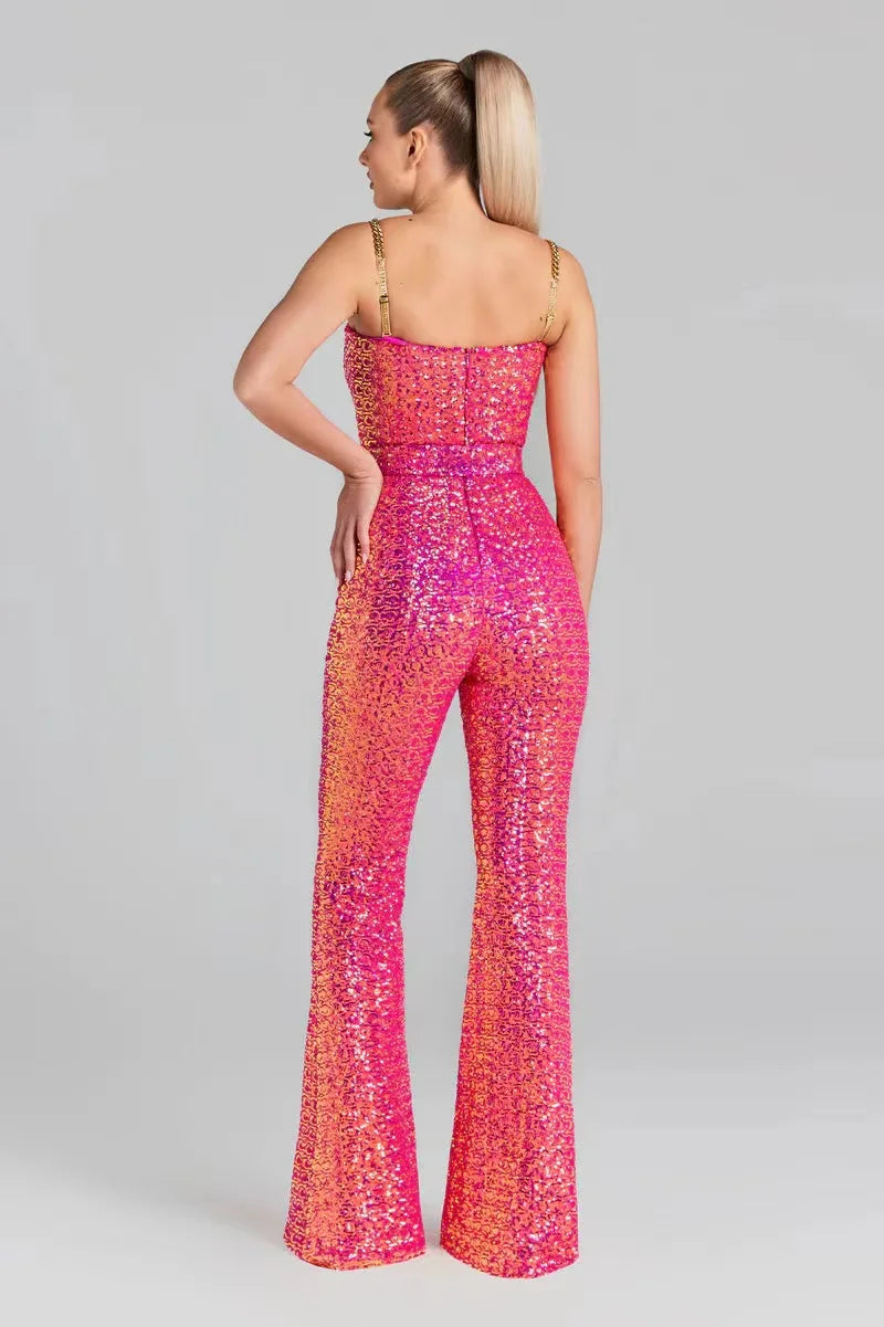 VC Women's Jumpsuits Luxury Gold Sequins Design Birthday Party Clubwear Sleeveless Spaghetti Strap Jumpsuits With Belt