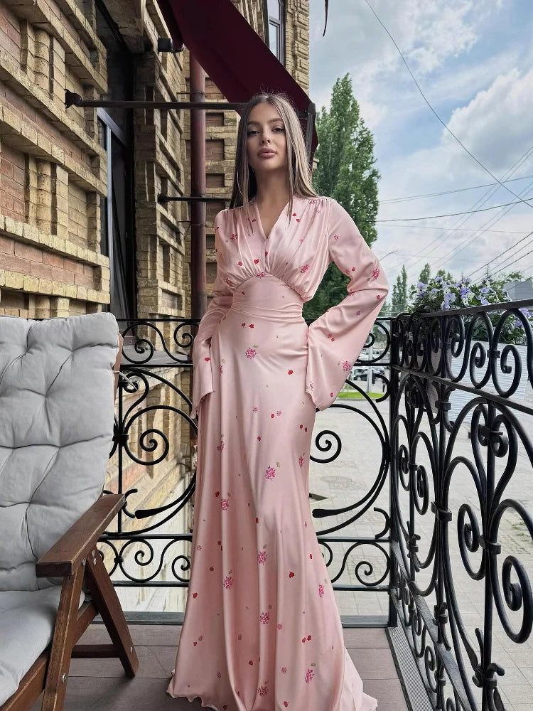 Organza Floral Printed Maxi Dress Women V Neck High Split Puff Sleeve Waist Cinching Ruffle Long Dresses Vacation Summer Outfits