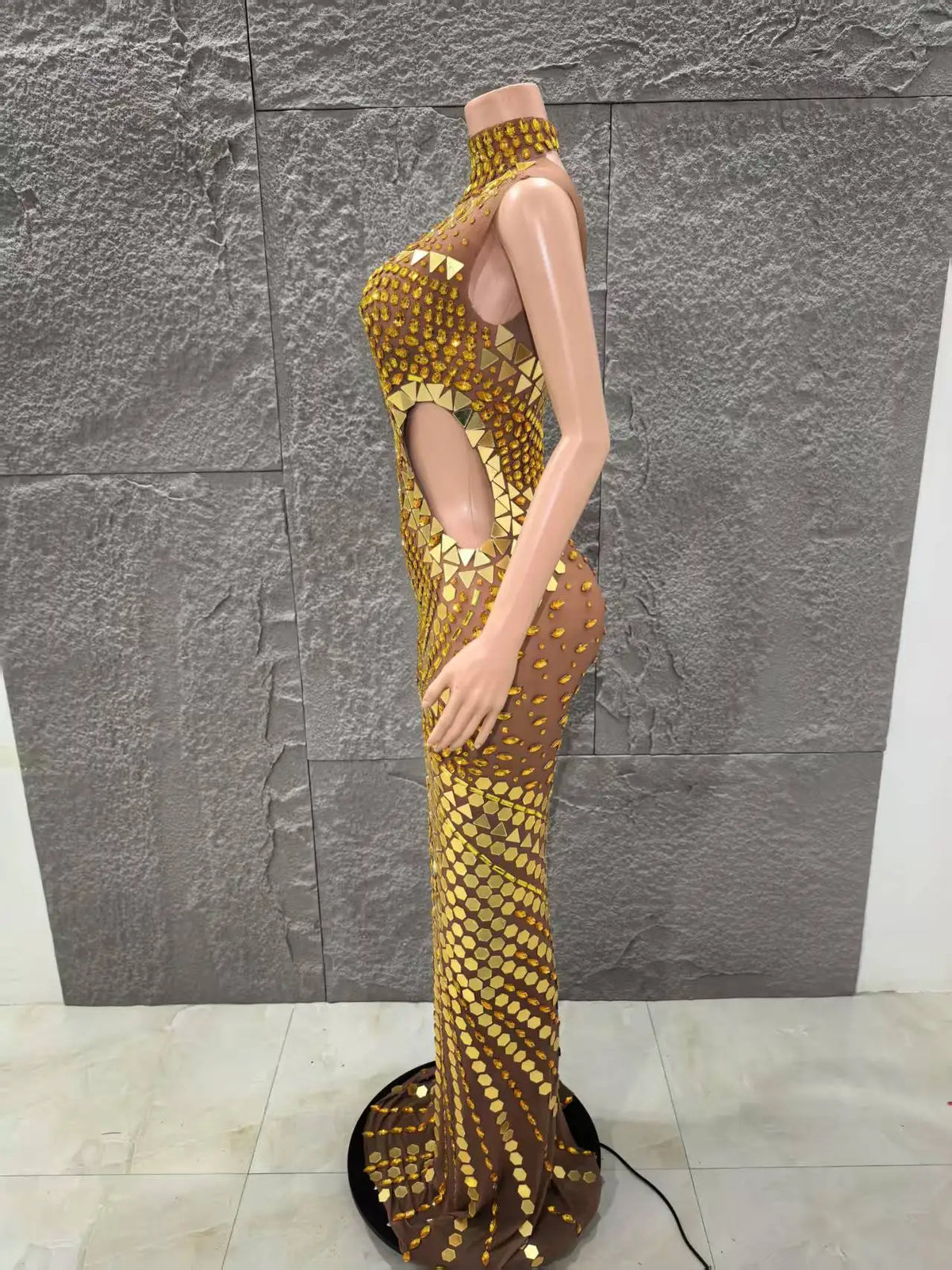 Shinning Golden Mirrors Women Sleeveless Sexy Hollow Out Waist Bodycon Long Dress Celebrate Birthday Performance Costume