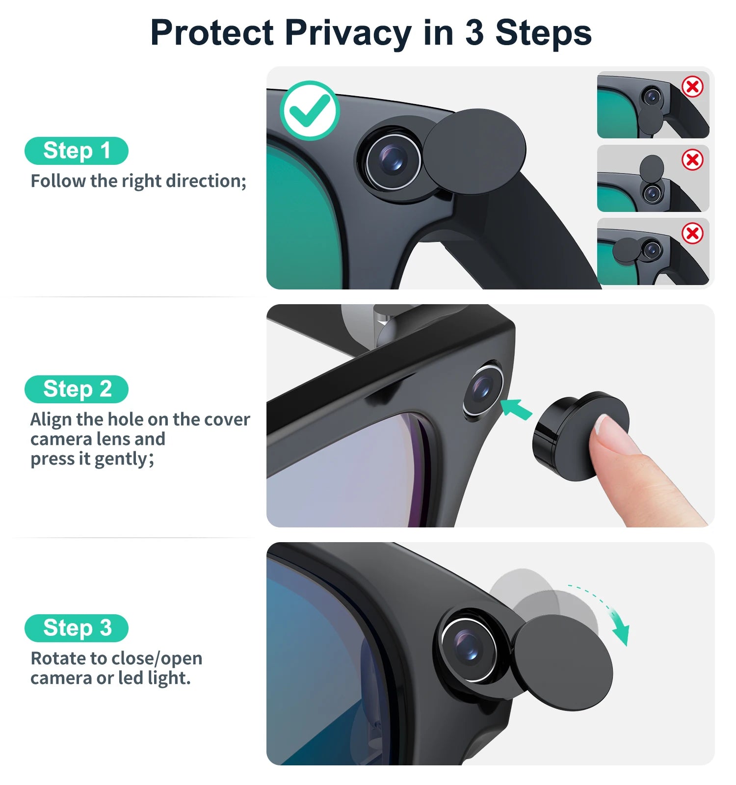 Rotating LED Light Cover Camera Lens Blocker for Smart AI Glasses,Privacy Slide Cap Cover, Safe Sunglasses Protector Accessory