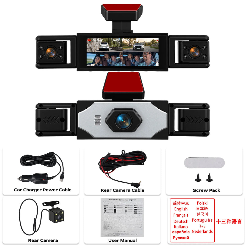 Podofo 3.16'' Dash Cam Four Lens Video Recorder With 480p Left Interior, Right Interior, And Rear View Cameras With Loop Recording, Exposure Compensation Car Parking, Driving Assistance Camera Recorder