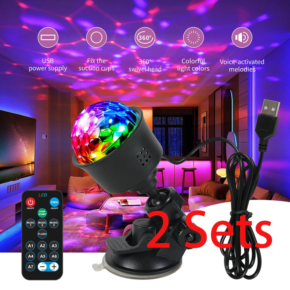 RGB Sound Activated LED Disco Ball Light with Remote Control Rotating DJ Stage Lamp for Home Car Party Club Christmas Decoration