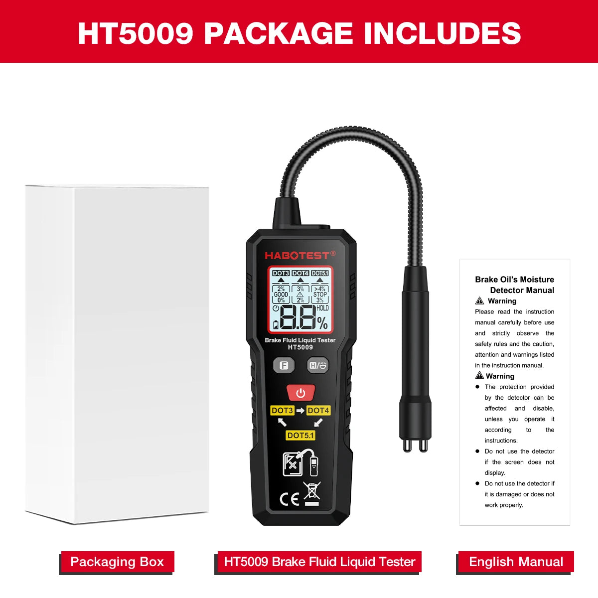 HT5009 Brake Fluid Tester Digital Auto Brake Liquid Oil Detector Tool for DOT3 DOT4 DOT5.1 Hydraulic Oil Moisture Analyzer