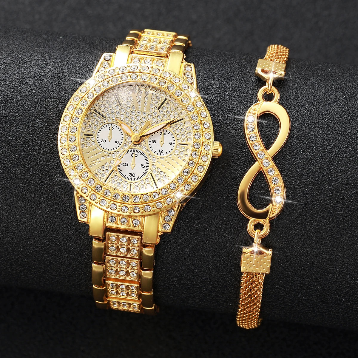 2PCS Luxury Full Diamond Women Watches Bracelet Set Fashion Decorative Three-eyes Ladies Quartz Wristwatch (Without Box)