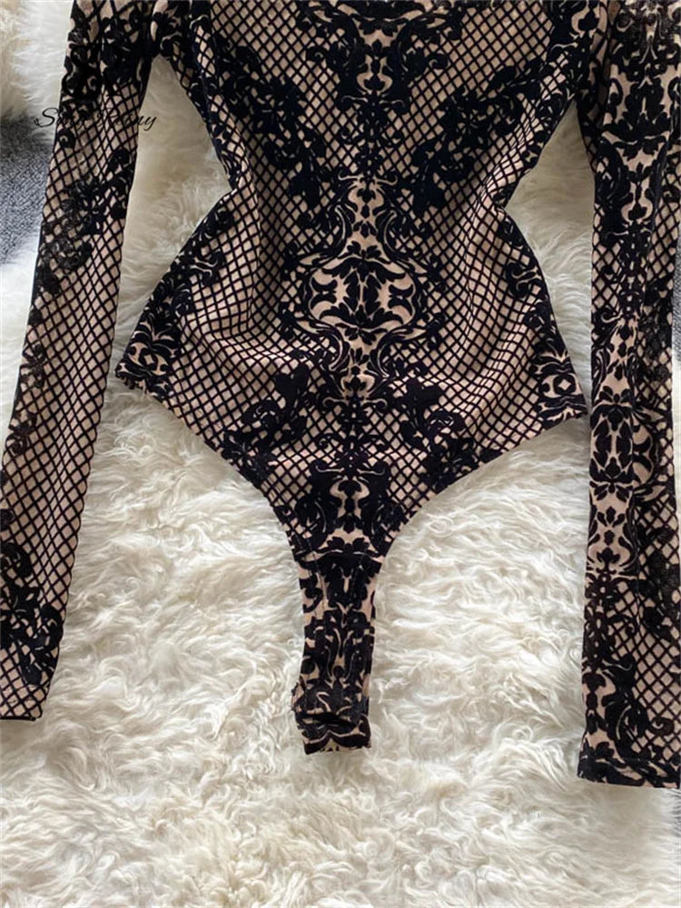 SINGREINY Fashion Summer Velvet Slim Playsuits Long Sleeves Vintage Bodycon Rompers Streetwear Y2K Ins Chic Mesh Sexy Bodysuits