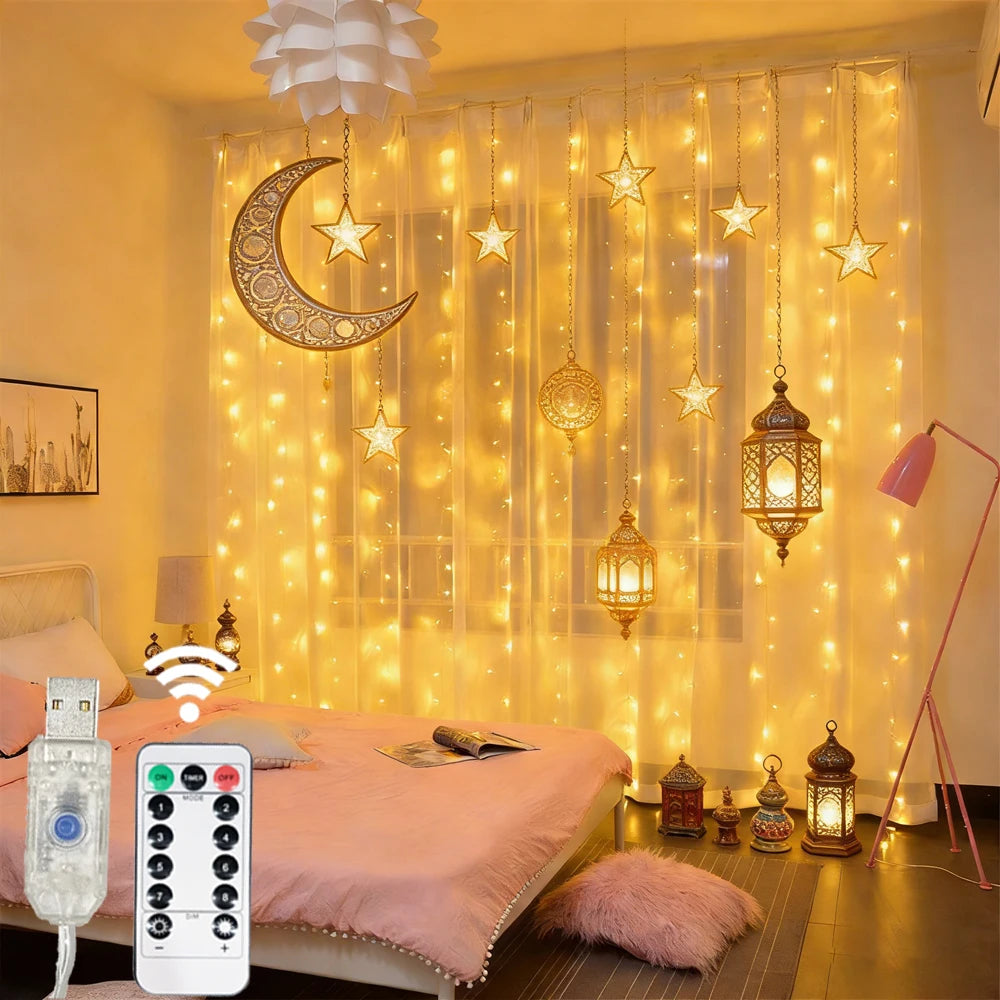 3/6M USB LED Curtain 8Modes Remote Control Lights Holiday Wedding Garland for Bedroom Living Room Decor Ramadan Decorations