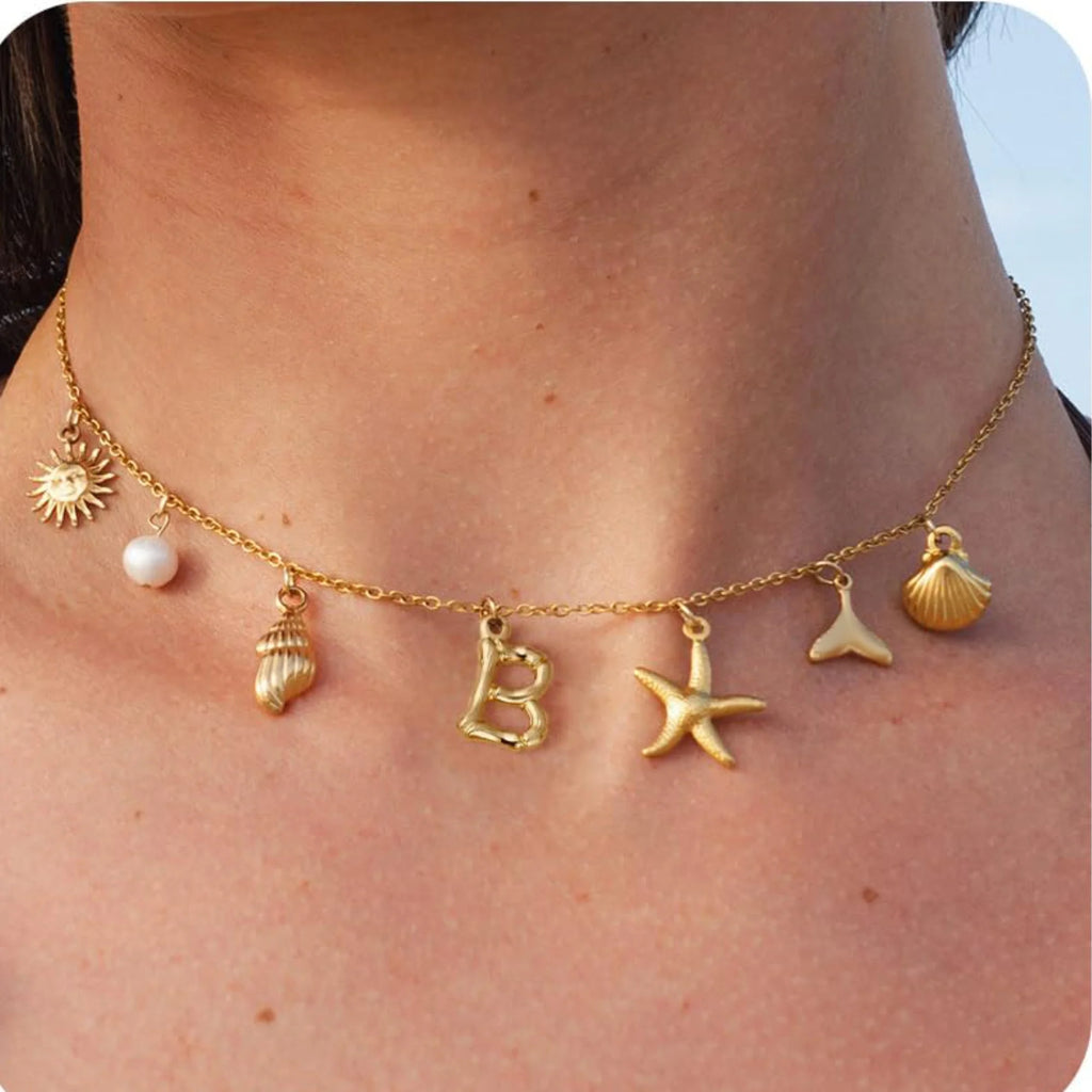 MHS.SUN Starfish Shell Initial Necklace Waterproof 18K Gold Plated Stainless Steel Charm Necklaces Surfer Girl Summer Beach Gift