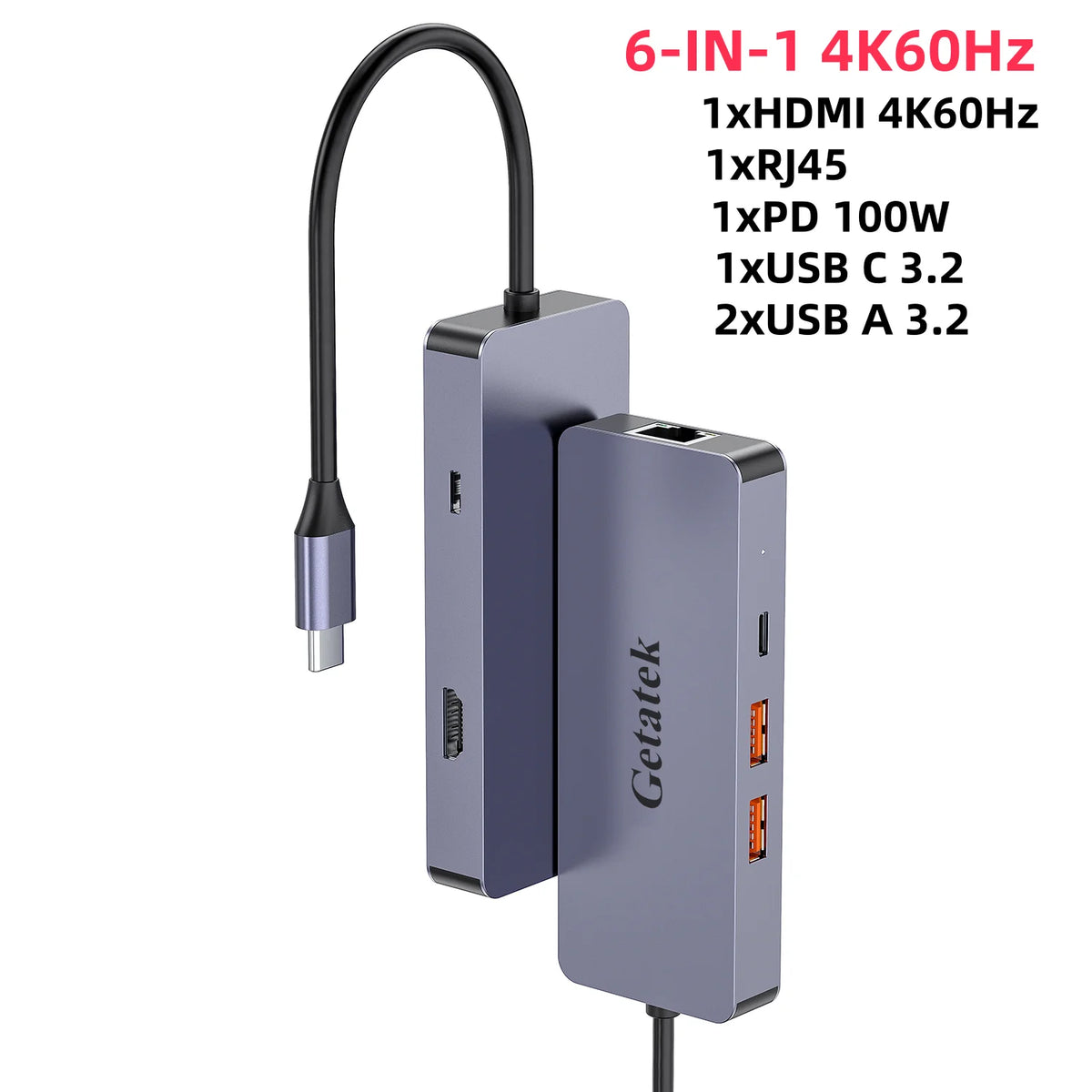 FORIDA 6 IN 1 USB C HUB Type C to HDMI 4K60Hz USB A and USB C 3.2 Port 10Gbps RJ45 PD 100W Adapter for Macbook HP DELL Lenovo