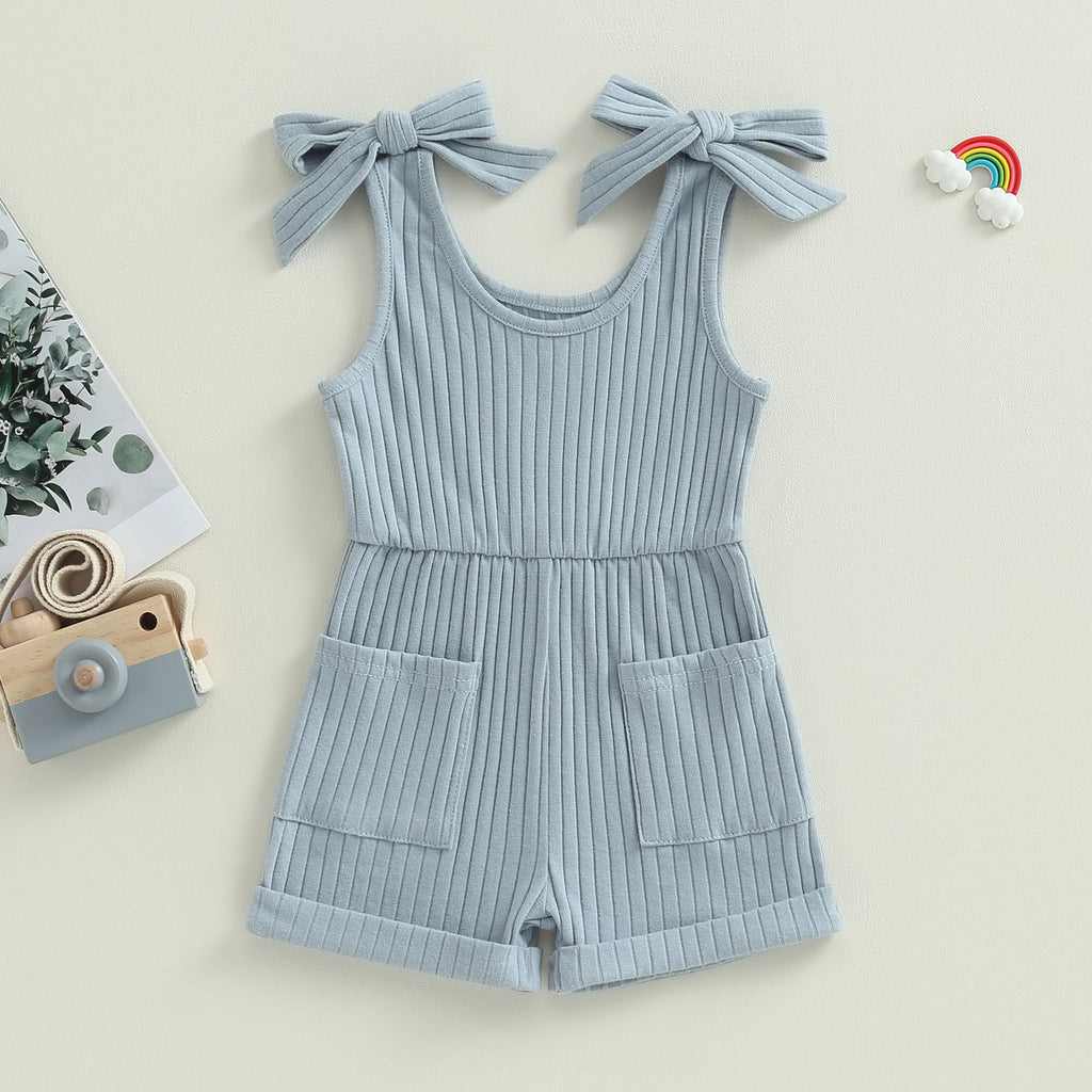 Pudcoco Toddler Kids Baby Girls Sleeveless Romper Solid Color Ribbed Bodysuit Summer Clothes with Pockets 6M-4T