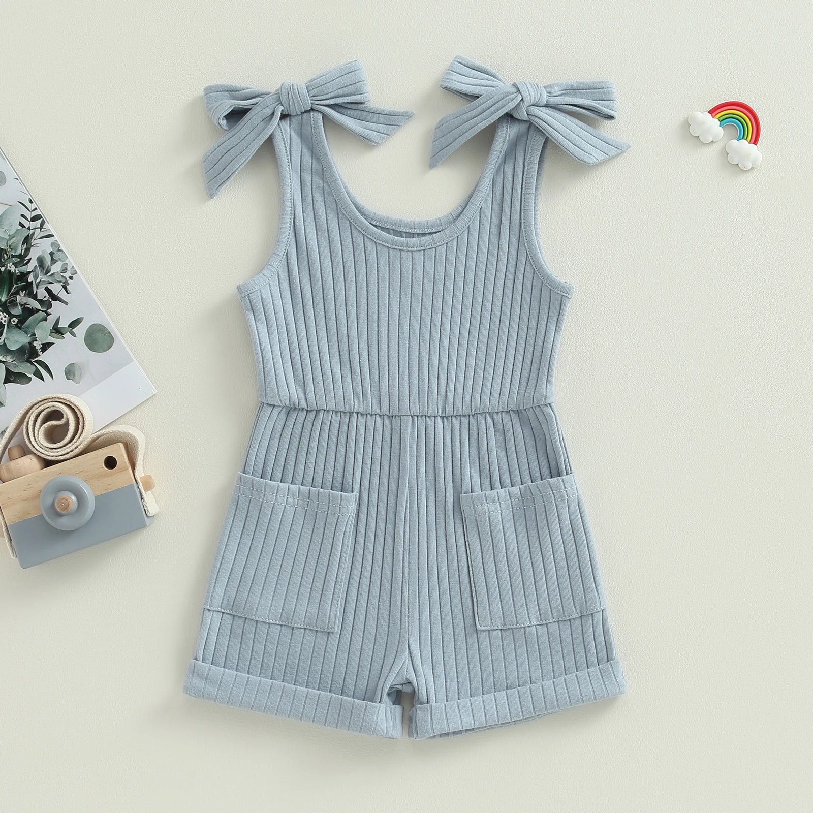 Pudcoco Toddler Kids Baby Girls Sleeveless Romper Solid Color Ribbed Bodysuit Summer Clothes with Pockets 6M-4T