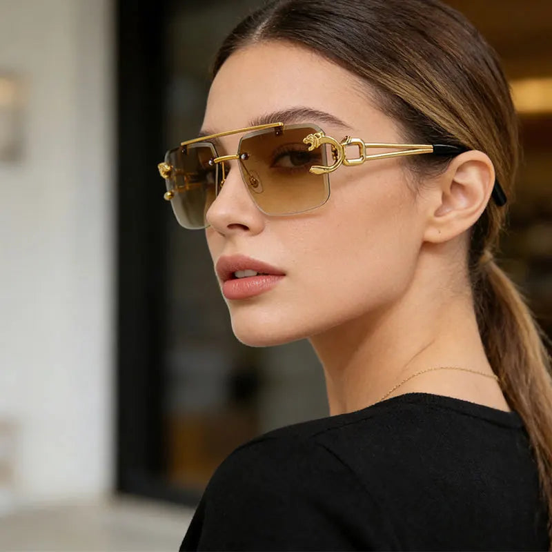 Fashion Metal Leopard Rimless Sunglasses Double Bridges Gradient Ocean Film Shades UV400