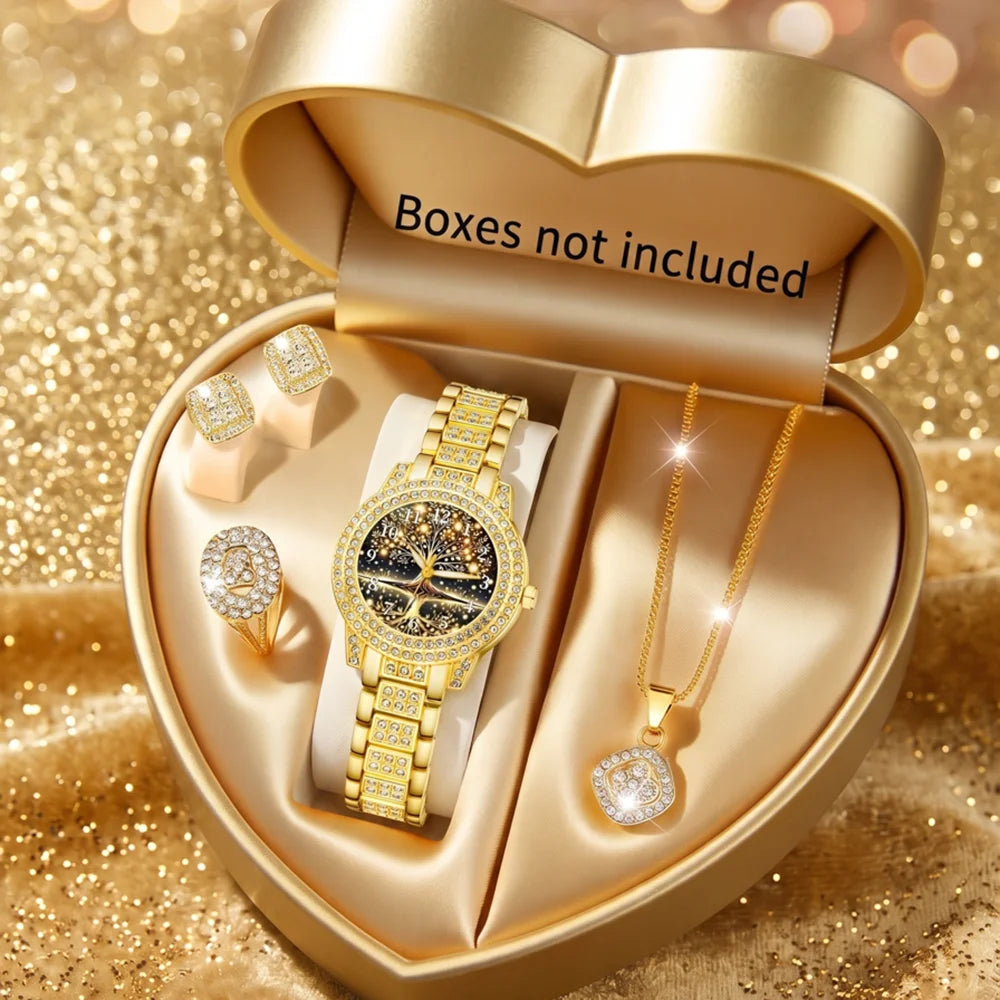 5Pcs/Set Unisex Jewelry Watches Women's Wristwatch Accessories Gold Fashion Business Elegant Classic Exquisite Light Luxury Rhinestone Luxury Bracelet Watch Set Y2K Suitable for Travel, Vacation, Parties, Daily Outfits, and O