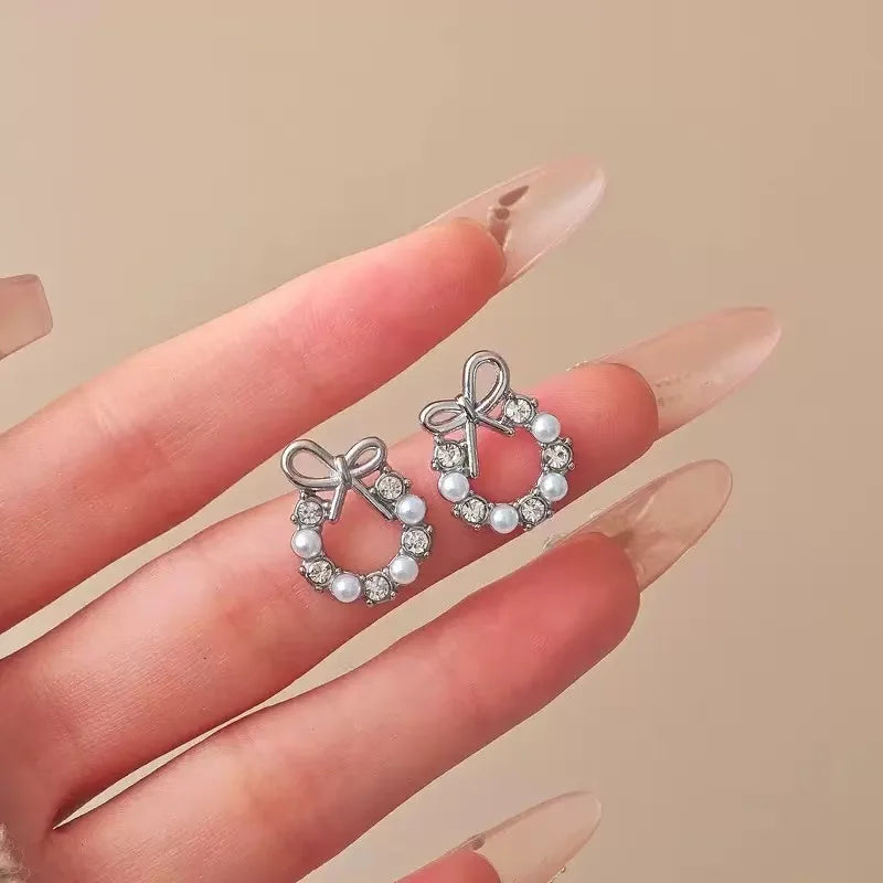 2PCS Fashion Luxury Zircon Starfish Shell Women's Earrings, Simple Flower Leaf Lmitation Pearl Earrings Party Wedding Jewelry