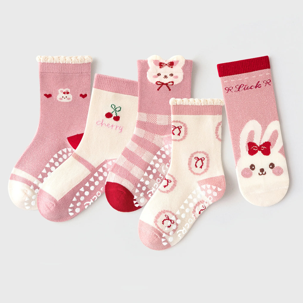 5-Pack Children's Floor Socks with Pink Bow and Bunny Pattern, Non-Slip Soft Sole Indoor Socks for Girls, Babies, and Toddlers, Featuring Cherry Fruit and Letter Designs, Suitable for Casual Daily Life