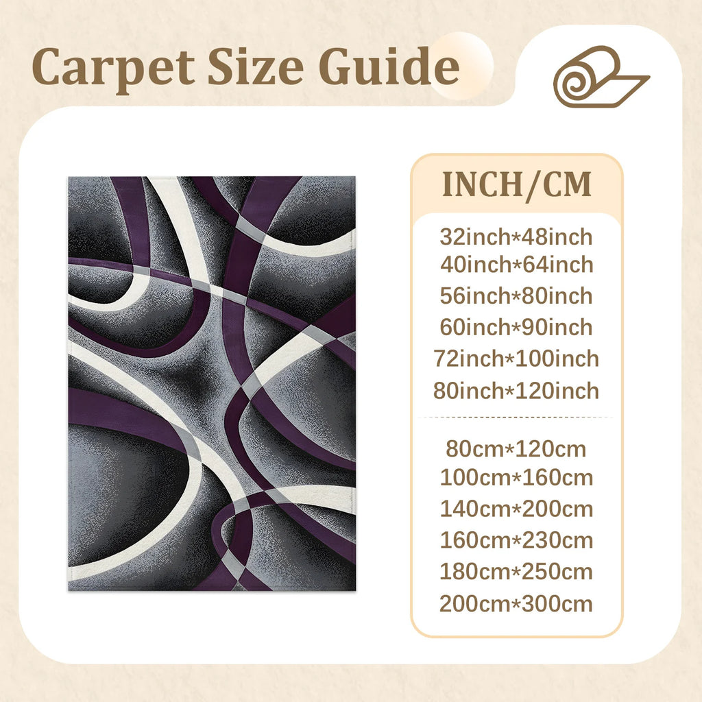 Large Indoor Area Rug, Soft Velvet Low Pile Non-Slip Dotted Backing Machine Washable, Modern Abstract Purple Gray White Swirl Design for Living Room Bedroom