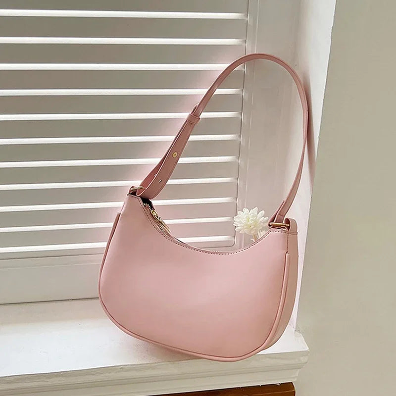 Women Luxury Solid Color PU Leather Shoulder Clutch Underarm Casual Tote Bag