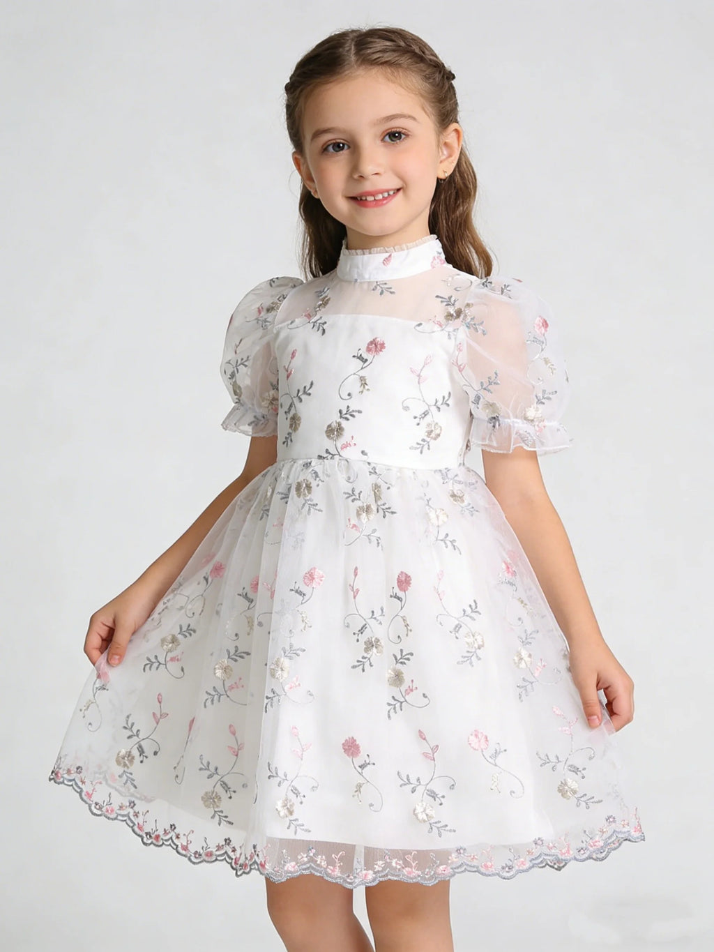 Spring And Summer Girls Flower Embroidery Princess Sleeves Sweet And Cute Hosting Banquet Mesh Dress