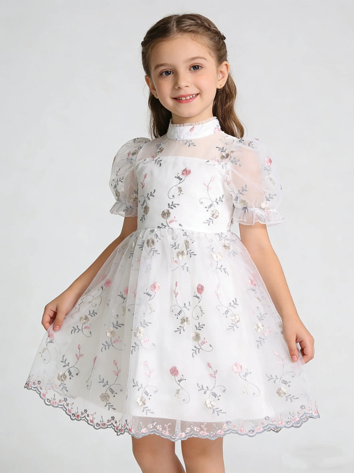 Spring And Summer Girls Flower Embroidery Princess Sleeves Sweet And Cute Hosting Banquet Mesh Dress