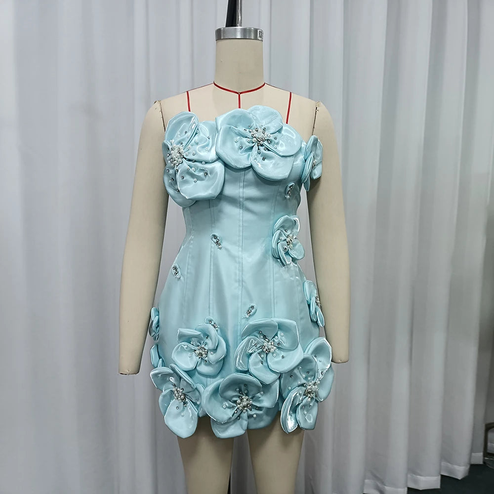 TWOTWINSTYLE Design Sense Spliced Bead Fashion Dresses for Women Strapless Sleeveless Tunic Patchwork 3D Flower Dress Female New