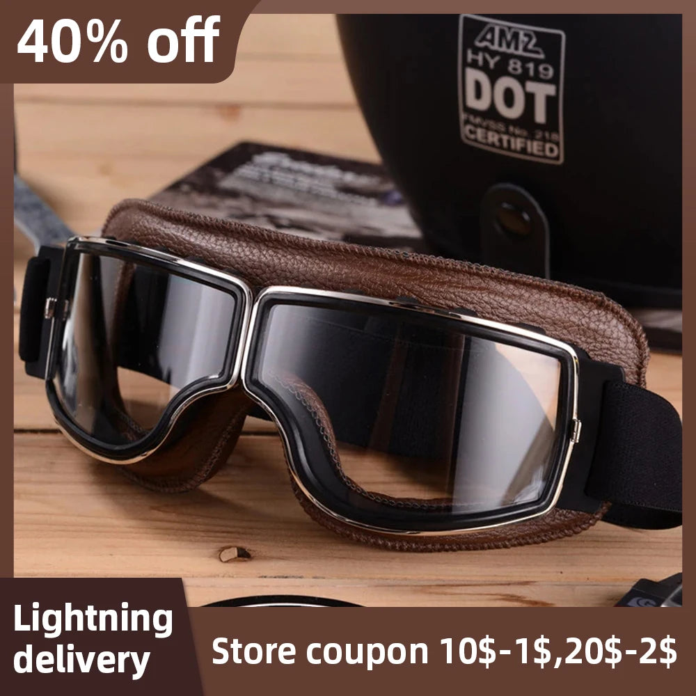Bicycle Motorcycle Glasses Windproof Motorcycle Helmet Glasses Sunglasses Retro Universal Leather Retro Motorcycle Accessories