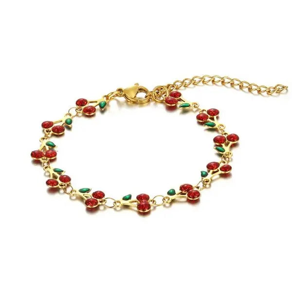 Sweet Cute Red Strawberry Cherry Heart Pearl Charm Bracelet New Fashion Y2K Fruit Gold Color Chain Jewelry Party Gifts 2025
