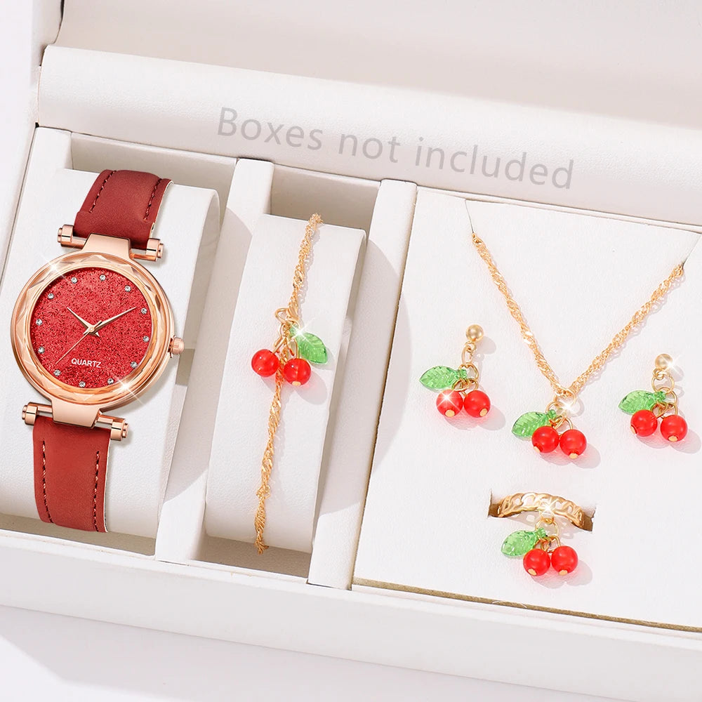 5/6 PCS/Set Red Women's Watch With Minimalist Elements Dial Quartz Watch Latex Strap Cherry Elements Jewelry Set Girl's Gift