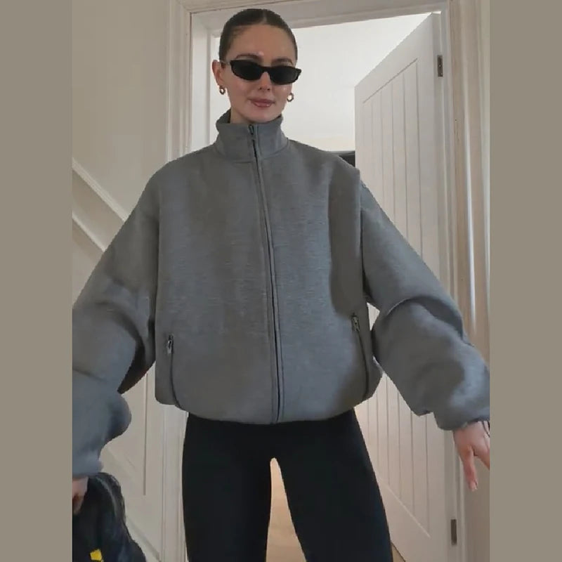 Vintage High Neck Full Zip Sweatshirt Women Loose Baggy Long Sleeve Zip Pockets Soft Fleece Jacket Cozy Casual Sports Outer Coat
