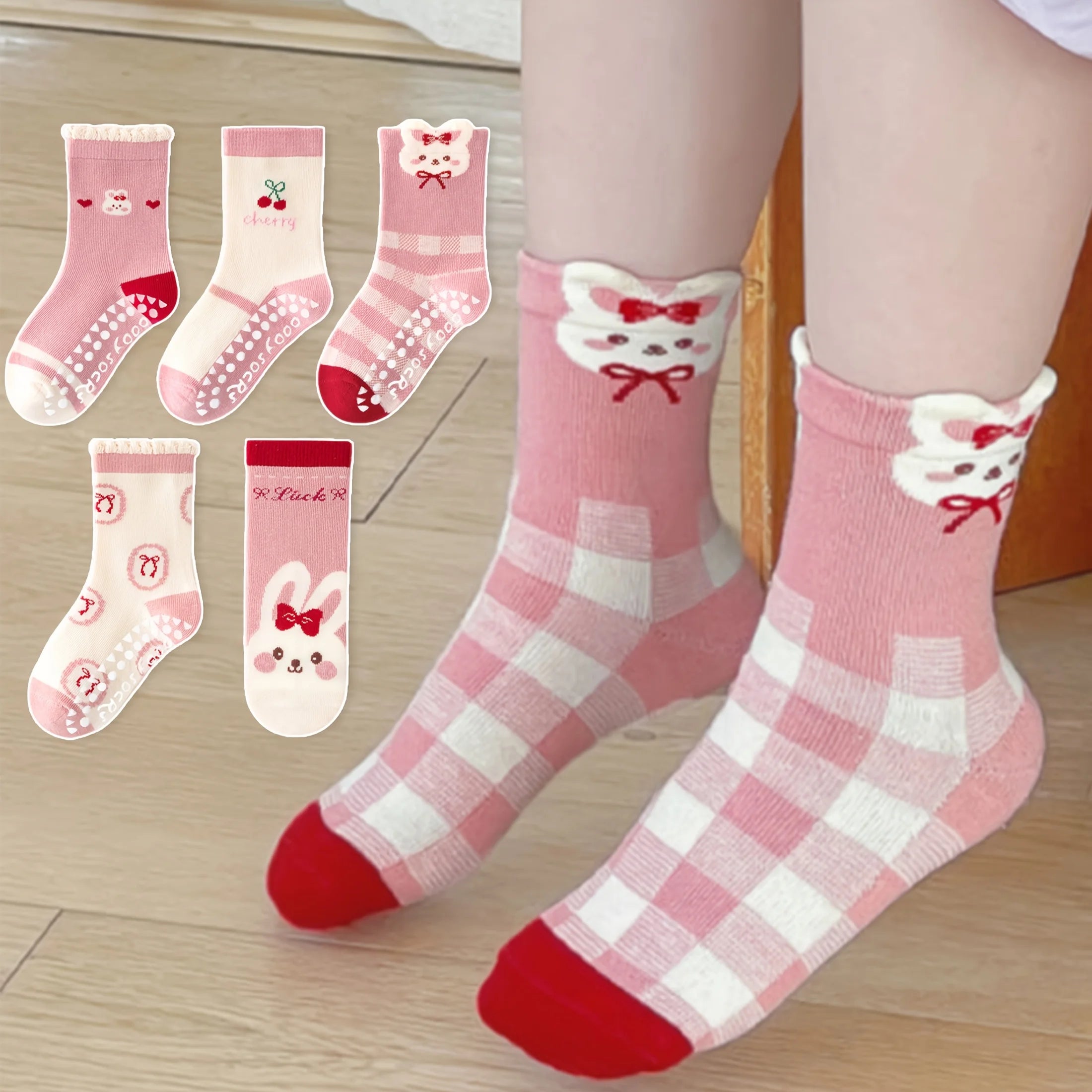 5-Pack Children's Floor Socks with Pink Bow and Bunny Pattern, Non-Slip Soft Sole Indoor Socks for Girls, Babies, and Toddlers, Featuring Cherry Fruit and Letter Designs, Suitable for Casual Daily Life