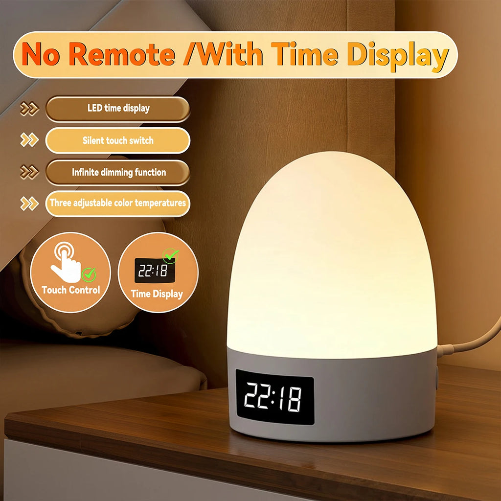 Touch Control LED Night Light with Clock Timer Remote Control USB Bedside Lamp Dimmable 3 Color Temperature Bedroom Sleep Lamp