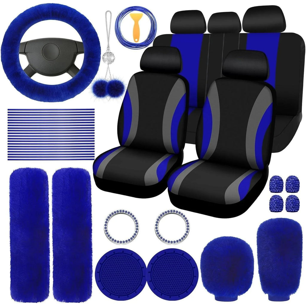 Fluffy Cute Women Car Accessories Set 45pcs Blue Steering Wheel Cover Seat Belt Handbrake Gear Shift Covers Great Gift