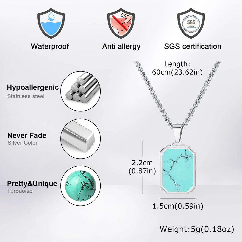 Trendy Pendant Necklaces for Men,Square Natural Stone Stainless Steel Necklaces,Hip Hop Healing Jewelry Gifts for Husband Dad