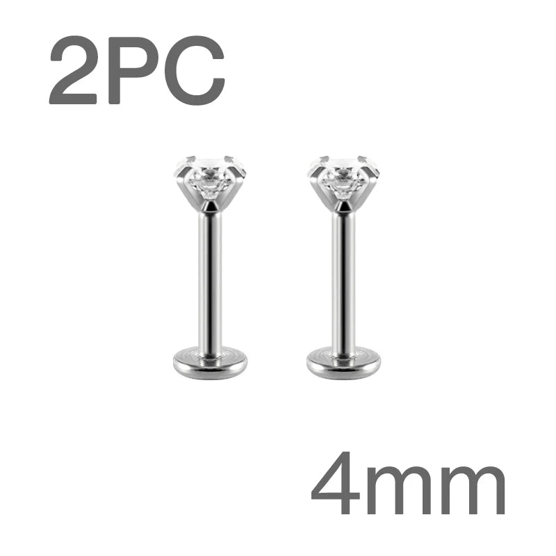 Surgical Steel CZ Flat Back Labret Stud 16G 6mm 8mm Internally Threaded for Cartilage Helix Tragus Lip Hypoallergenic Piercing