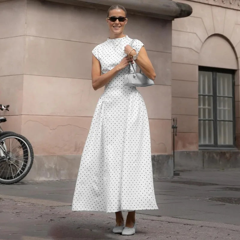 Talenza White Polka Dot Long Dress Summer Sexy High-Waisted Vintage Print Sleeveless Dress Casual Party Vacation New Women Dress