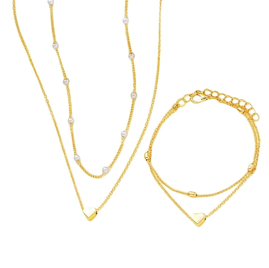 Fashion Imitation Pearl Heart Jewelry Set For Women Gold Silver Color Round Beads Necklace Bracelet Set Daily Wear Accessories