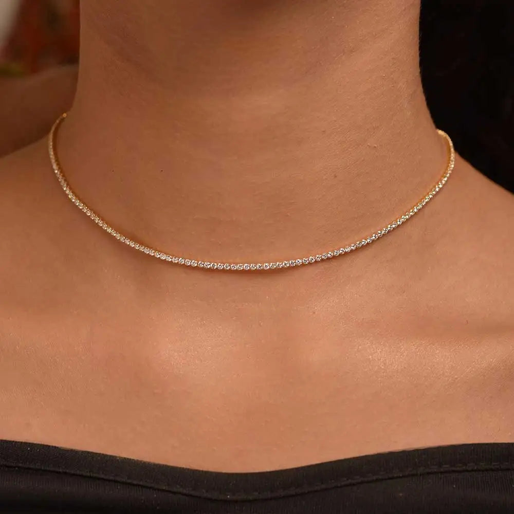 FEOBUR 2mm Moissanite Tennis Necklaces for Women S925 Silver Plated 18K Gold Adjustable Full Diamond Choker Neck Chain Jewelry