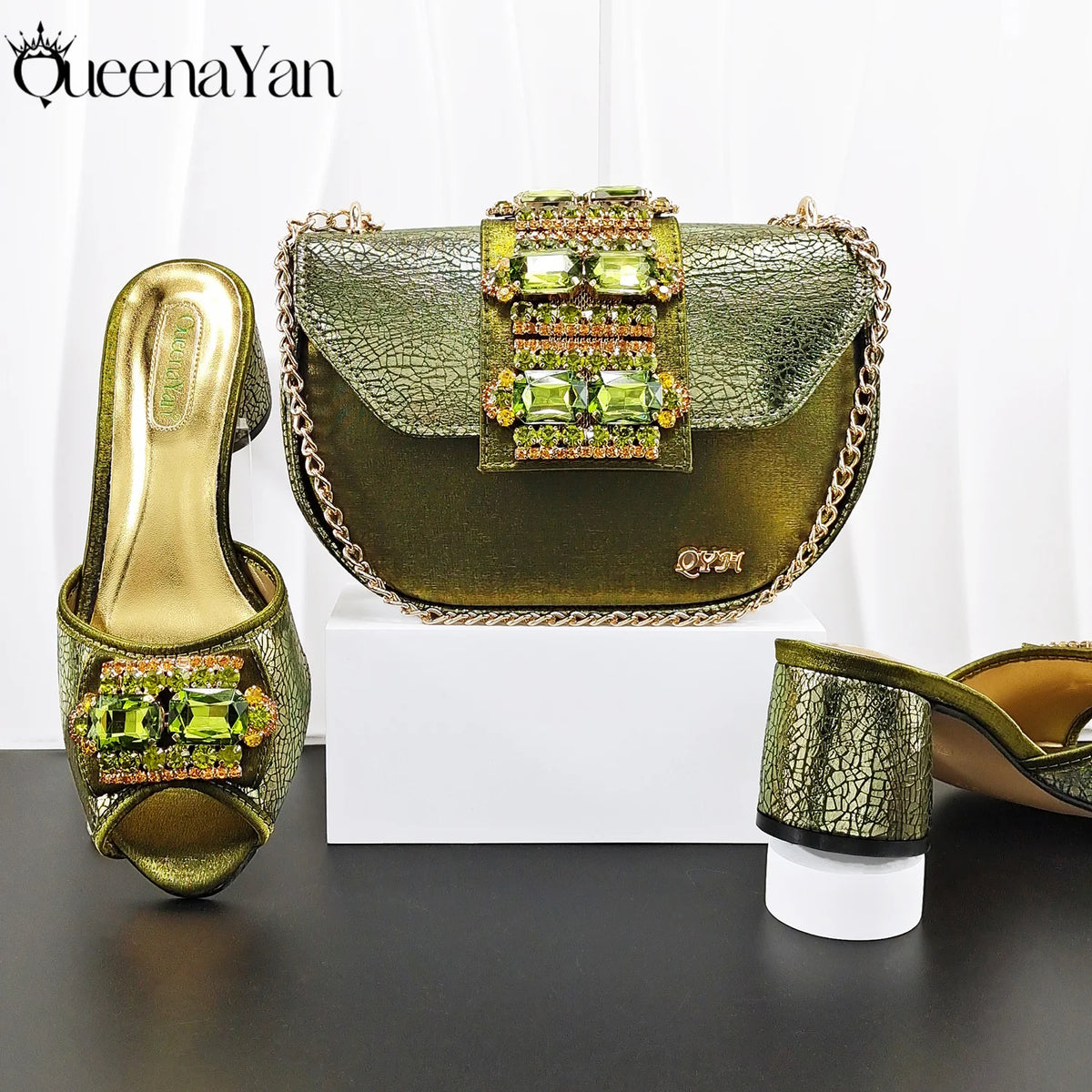 Newest Italian Design Fashion Comfortable Olive Color Peep Toe Party Wedding or Work Women's High Heels with Diamond Oval Bag