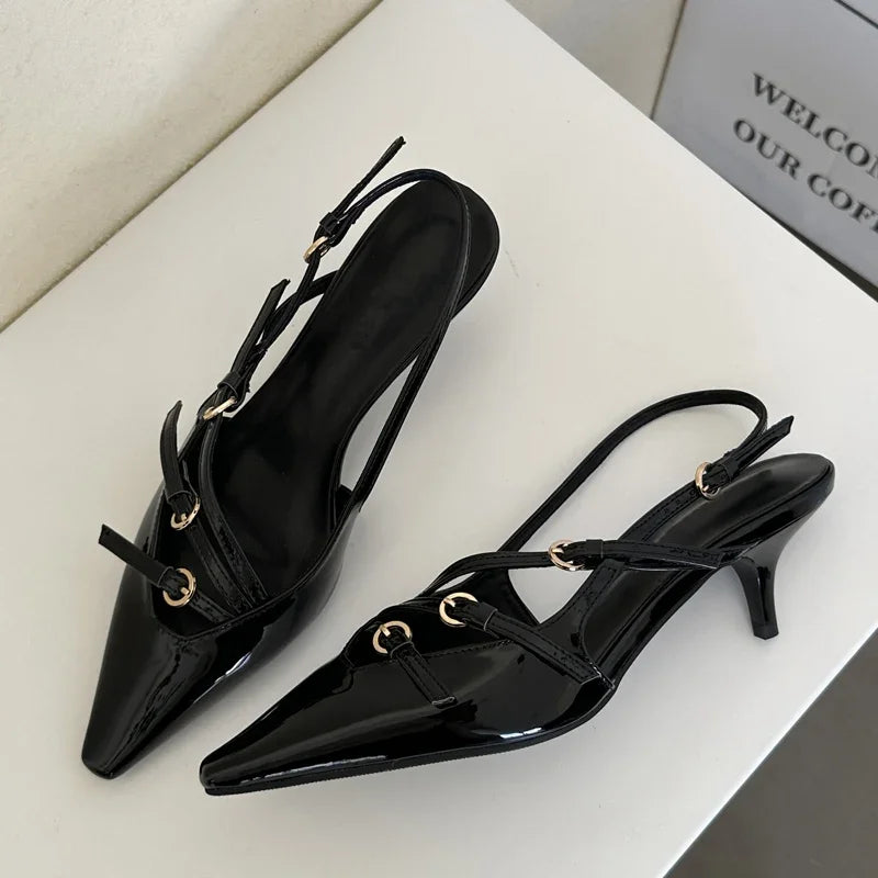 Eilyken Designer Narrow Band Buckle Strap Pumps Women Sexy Pointed Toe Low Thin Heels Wedding Banquet Dress Mule Ladies Shoes
