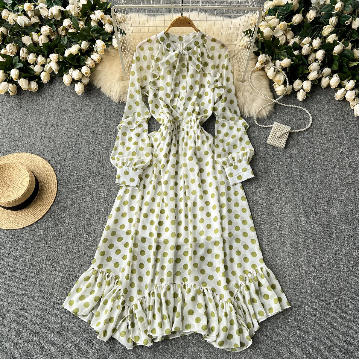 Retro Elegant Pleated Puff Sleeves dot sweet Dress Beach Vacation Casual Women A-LINE chiffon Fashion Summer basics Dresses
