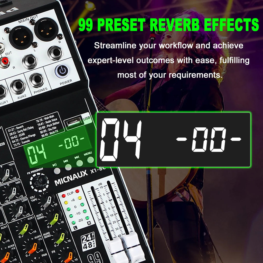 FULUODE X1-8C Audio Mixer 8-Channel Professional Mixer Console with 99 DSP Effects Mixing Board DJ Mixer with USB Bluetooth 48V