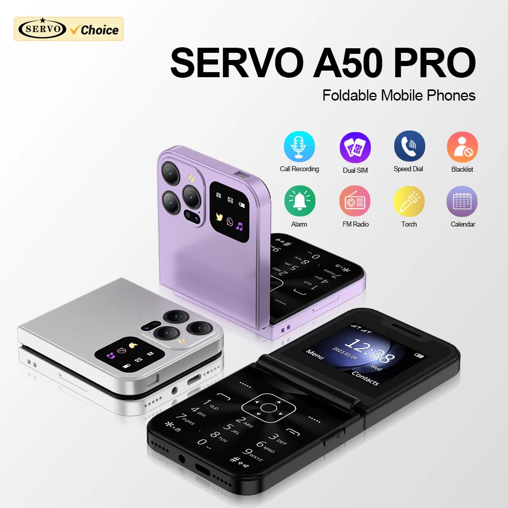 SERVO A50 PRO Flip Mobile Phone 2G GSM 2.4" Display Auto Call Recorder Speed Dial 2 SIMs Foldable Telephones Official Authentic