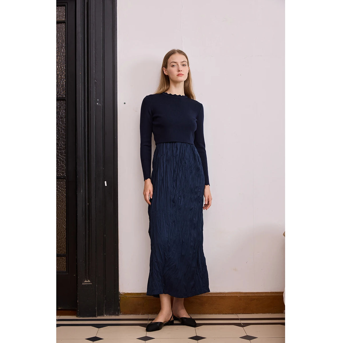 AP 2026 Women Autumn and Winter Crinkle Dress Knitting Patchwork Elegant Lady Maxi Dress