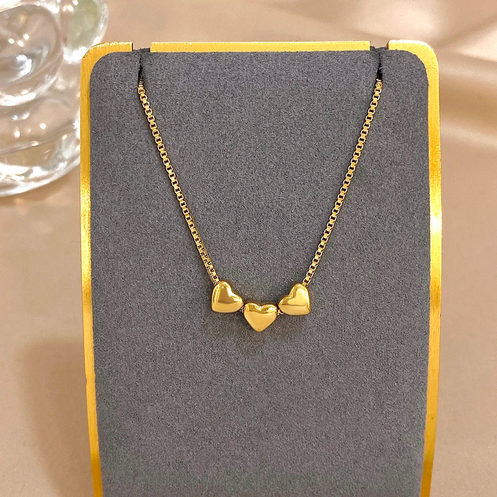 Cute Triple Color Heart Beads Necklace for Women Fashion Gold Plated Stainless Steel Charm Necklaces Waterproof Jewelry