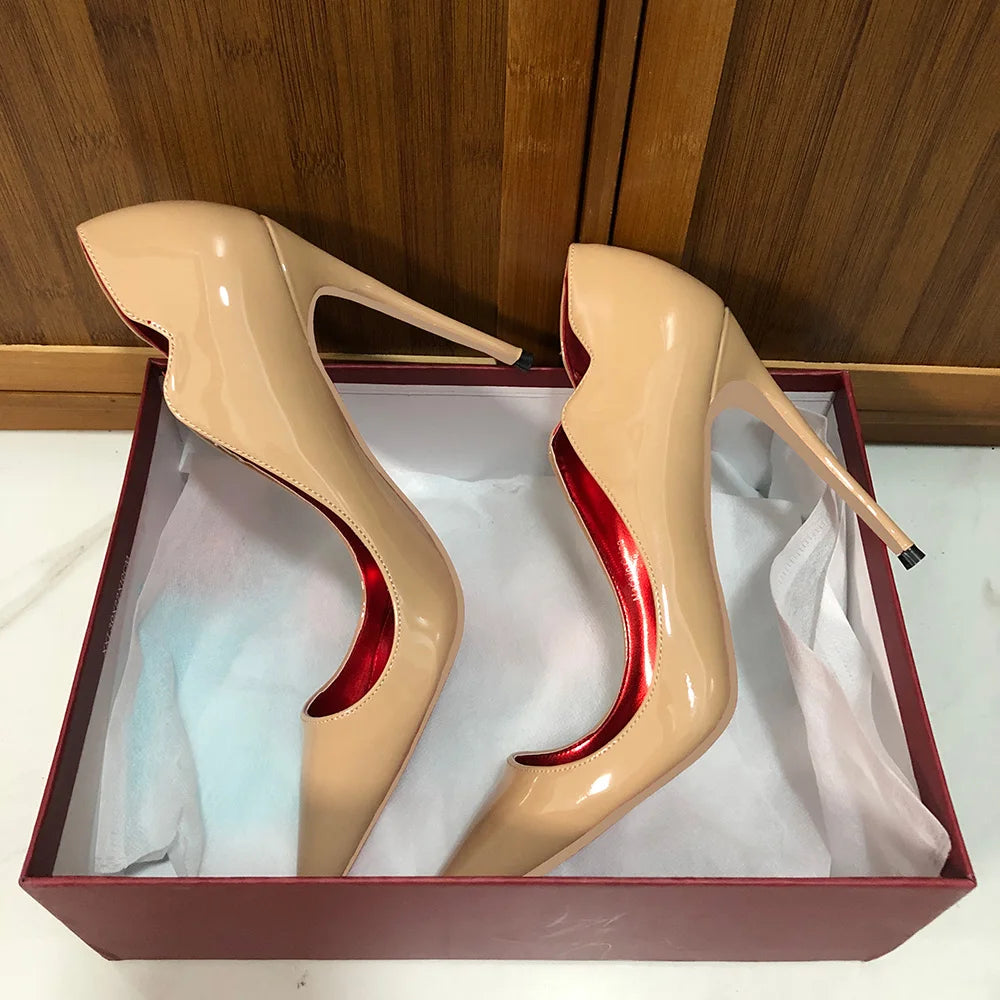 Tikicup Elegant Fashion Curl Cut Women Pointy Toe 12cm High Heel Shoes Sexy Glossy Black V Cut Party Celebrity Stiletto Pumps